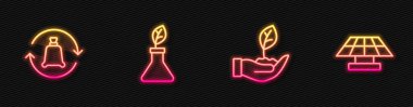 Hattı kurun. Elinizde bitki, geri dönüşümlü çöp torbası, üreme ve güneş enerjisi paneli olsun. Parlayan neon ikonu. Vektör