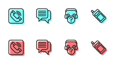 Kulaklıkları soru ile ayarla, telefon ahizesi, konuşma balonu sohbeti ve mobil simge. Vektör