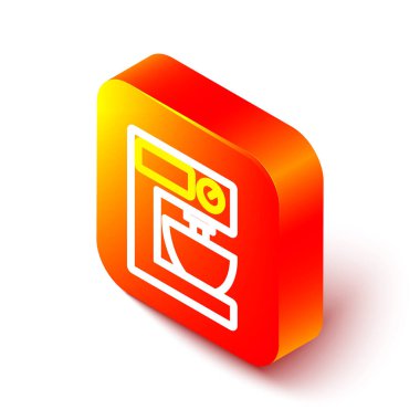 Isometric line Electric mixer icon isolated on white background. Kitchen blender. Orange square button. Vector.