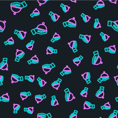 Bir tepsi yiyecek ikonu ile kaplanmış çizgi siyah arkaplanda izole edilmiş pürüzsüz desen. Tepsi ve kapak işareti. Kapaklı bir restoran saati. Vektör.