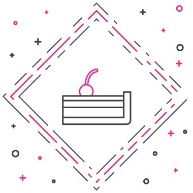 Beyaz arka planda izole edilmiş meyve tepesi ikonlu Cherry peynirli kek dilimi. Renkli taslak konsepti. Vektör