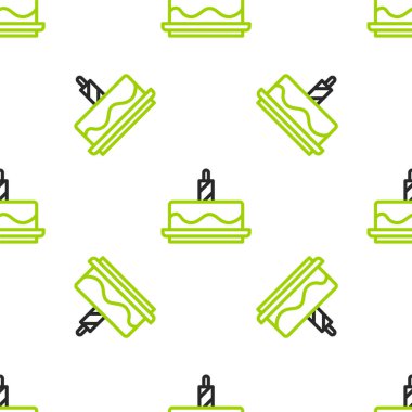 Yanan mum simgesine sahip çizgi kek beyaz arkaplanda izole edilmiş pürüzsüz desen. Doğum günün kutlu olsun. Vektör