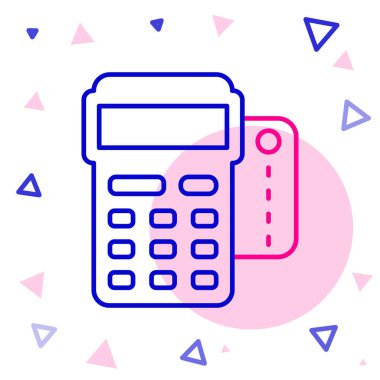 Eklenmiş kredi kartı ve yazdırılmış alıcı simgesine sahip POS terminali beyaz arkaplanda izole edildi. NFC ödeme konsepti. Renkli taslak konsepti. Vektör