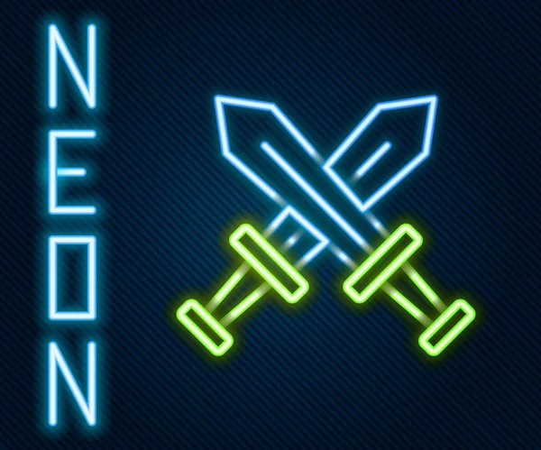Glödande Neon Linje Korsade Medeltida Svärd Ikon Isolerad Svart Bakgrund — Stock vektor