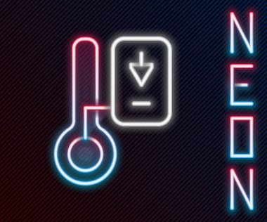 Parlayan neon hattı Sauna termometre simgesi siyah arkaplanda izole edildi. Sauna ve banyo malzemeleri. Renkli taslak konsepti. Vektör