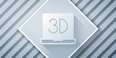 Kağıt kesim 3D yazıcı simgesi gri arkaplanda izole edildi. 3D baskı. Kağıt sanatı tarzı. Vektör.