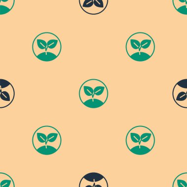 Yeşil ve siyah filizlenme ikonu, bej arka planda pürüzsüz desen izole etti. Tohum ve tohum. İşaret bırakıyor. Yaprak doğası. Vektör