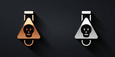 Siyah zemin üzerinde iksir ikonu olan altın ve gümüş şişe. Sihirli iksirli matara. Mutlu Cadılar Bayramı Partisi. Uzun gölge tarzı. Vektör