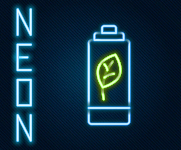 Zářící Neonová Čára Eco Přírodní List Ikona Baterie Izolované Černém — Stockový vektor
