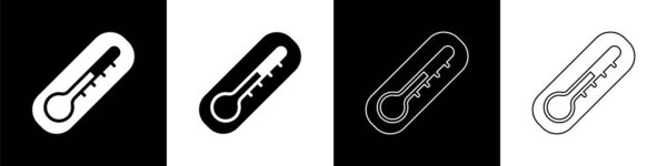 Set Meteorology thermometer measuring heat and cold icon isolated on black and white background. Thermometer equipment showing hot or cold weather.  Vector