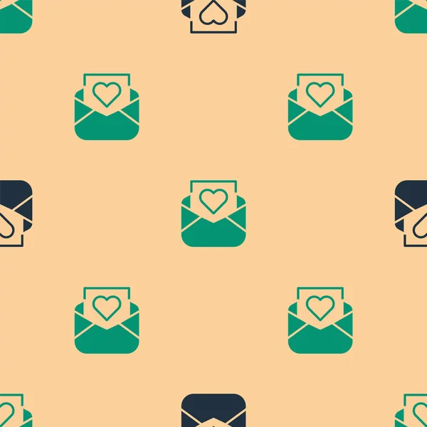 Green Black Envelope Valentine Heart Icon Isolated Seamless Pattern Beige — Stock Vector