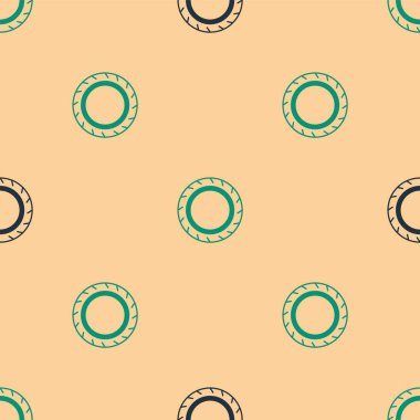 Yeşil ve siyah araba tekerleği ikonu bej arka planda izole edilmiş pürüzsüz desen. Vektör