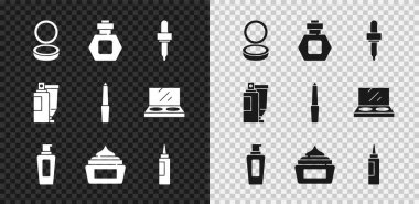 Makyaj tozunu ayna, parfüm, Pipette, bir şişe şampuan, krem losyon kozmetik tüpü ve tırnak törpüsü ile ayarla. Vektör