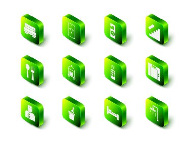 Cep telefonunu kablosuz olarak ayarla, lütfen rahatsız etmeyin, merdivenler yukarı, duş, uzaktan kumanda, otel odası yatağı ve bir buz kovası ikonu içinde şampanya. Vektör