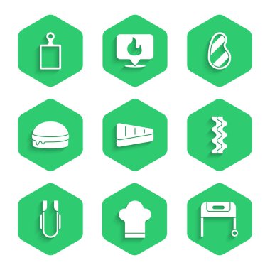 Biftek, şef şapkası, ızgara ızgara ızgara, pastırma şeridi, et maşası, Burger ve kesme tahtası ikonu. Vektör