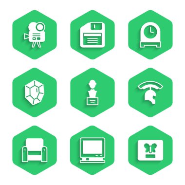 Alçıtaşı heykel büstü, Retro TV, Kelebek çerçevesi, Roma askeri miğferi, Armchair, Mücevher Taşı, Antika saat ve sinema kamerası ikonu. Vektör