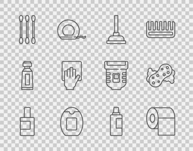 Temizlik acentesi, tuvalet kağıdı rulosu, şampuan, pamuk kulak, temizlik hizmeti ve sünger ikonu için set hattı. Vektör