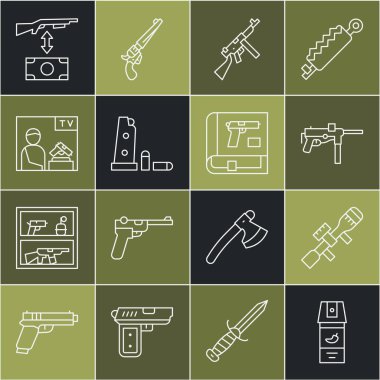 Biber gazı, keskin nişancı optik görüşü, makineli tüfek M3, Tommy, silah dergisi ve mermiler, reklam silahı, saldırı tüfeği ve ikonlu kitap almak. Vektör