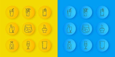 Rom, bardaklı şarap şişesi, viski, su şarap, şarap, meyve suyu, kokteyl Bloody Mary ve ikon için ahşap mantar. Vektör