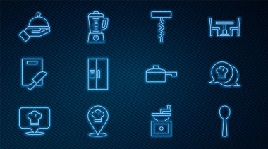 Kaşığı ayarla, Şef şapkası konuşma balonunda, şarap tirbuşonu, buzdolabı, kesme tahtası ve bıçak tepsiyle kaplı, kızartma tavası ve blender ikonu. Vektör