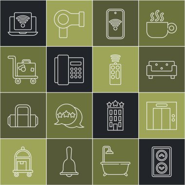 Kablosuz kablosuz ağ bağlantısı, telefon ahizesi, bavul, kablosuz bilgisayar ve uzaktan kumanda ikonu ile Lift, Sofa, Mobile hattını ayarla. Vektör