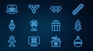 Çizgi çizgisi, Noel topu, ağaç, papyon, kar tanesi, kazak, hediye kutusu ve viburnum simgesi. Vektör