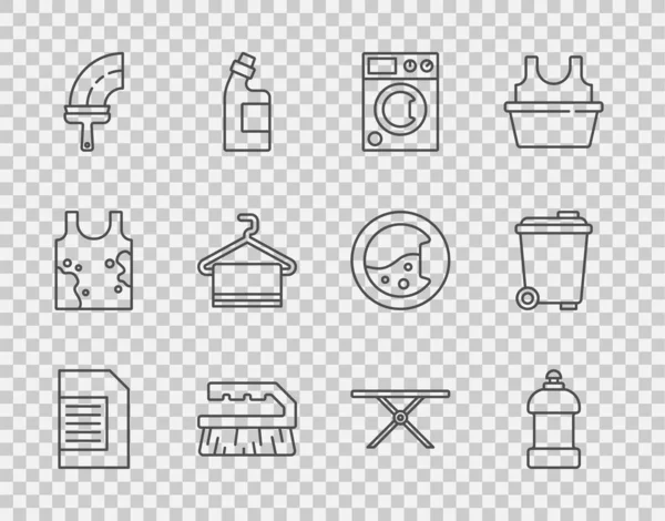 设置系列洗衣粉 清洁剂瓶 洗涤器 橡胶清洁剂窗 衣架上的毛巾 铁板和垃圾箱图标 — 图库矢量图片