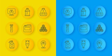 Çizgi boyası sprey tabancası, fosforlu kalem, boya, gouache, kavanoz, boya, boya, sprey başlık, okul çantası ve ikon. Vektör