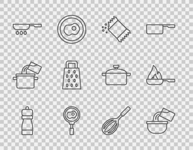 Sabit hat Pepper, Saucepan, bir paket biber, kızarmış yumurta, kızartma, ızgara, mutfak çırpma ve ikon. Vektör