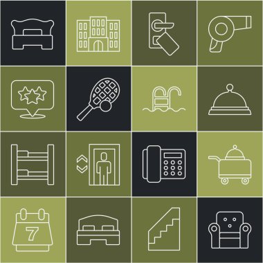 Sıralı Kol Koltuğu, tepsiyle kaplanmış yiyecek, dijital kapı kilidi, tenis raketi topu, yıldız derecesi, yatak odası ve yüzme havuzu ikonu. Vektör