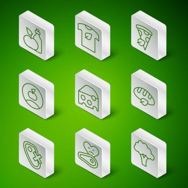 Brokoli, biftek, elma sirkesi, peynir, vejetaryen gömlek, somun ekmek ikonu. Vektör