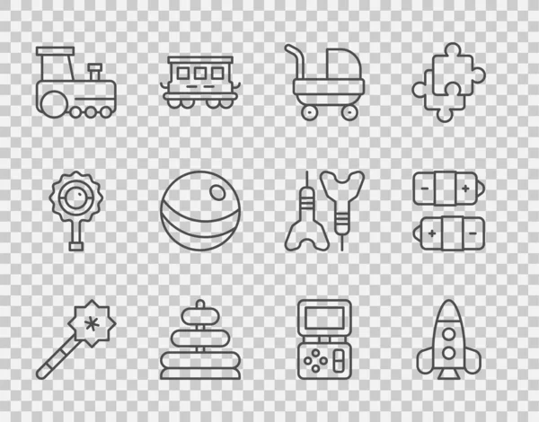 采购产品布线魔杖 火箭船玩具 婴儿车 金字塔 玩具火车 海滩球 俄罗斯电子游戏和电池图标 — 图库矢量图片