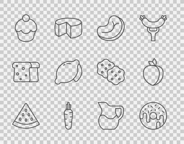设定系列西瓜 甜甜圈 牛排肉 胡萝卜 加奶的果汁杯和李子图标 — 图库矢量图片
