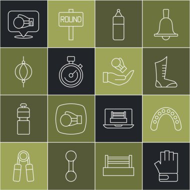 Set hattı MMA eldiveni, ağız koruma boksörü, spor boks ayakkabısı, kum torbası, Kronometre, boks ve ikon. Vektör