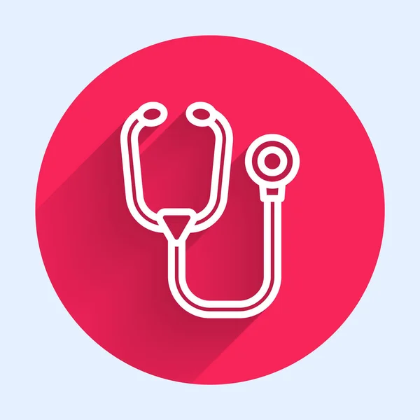 White Line Stethoscope Medical Instrument Icon Isolated Long Shadow Red — Stock Vector