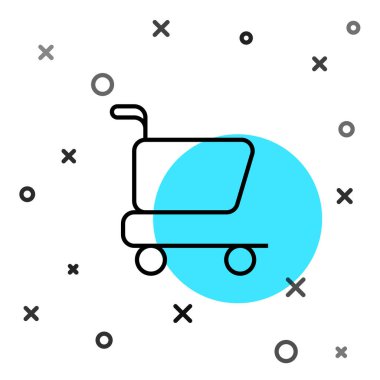 Siyah çizgili alışveriş arabası simgesi beyaz arkaplanda izole edilmiş. İnternetten satın alma konsepti. Servis tabelası. Süpermarket sepeti sembolü. Rastgele dinamik şekiller. Vektör