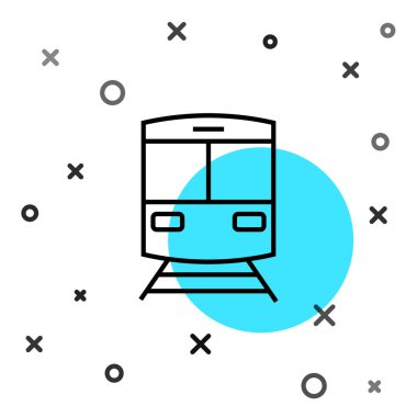 Siyah hat tren ve demiryolu ikonu beyaz arka planda izole edildi. Toplu taşıma sembolü. Metro treni nakliyesi. Metro yeraltı. Rastgele dinamik şekiller. Vektör