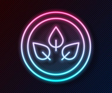 Parlayan neon hattı vegan beslenme ikonu siyah arka planda izole edildi. Organik, biyolojik, ekolojik sembol. Vejetaryen, et yok, laktozsuz, sağlıklı, taze ve şiddet içermeyen yiyecekler. Vektör.