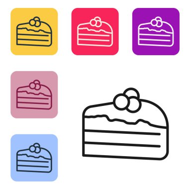 Beyaz arkaplanda izole edilmiş siyah çizgi pasta simgesi. Doğum günün kutlu olsun. Renkli kare düğmelerle simgeleri ayarla. Vektör.