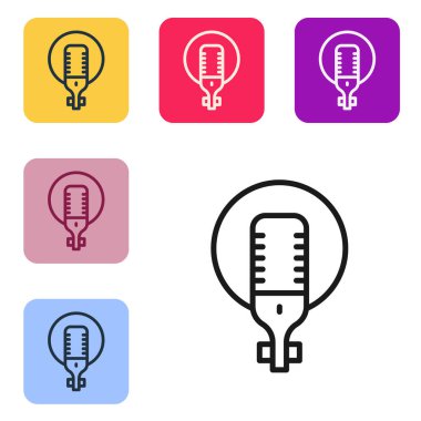 Siyah çizgi mikrofon simgesi beyaz arkaplanda izole edildi. Radyodaki mikrofondan. Sözcü işareti. Renkli kare düğmelerle simgeleri ayarla. Vektör.