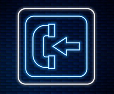 Parlayan neon hattı gelen arama ikonu tuğla duvar arka planında izole edildi. Telefon işareti. Telefon ahizesi. Vektör.