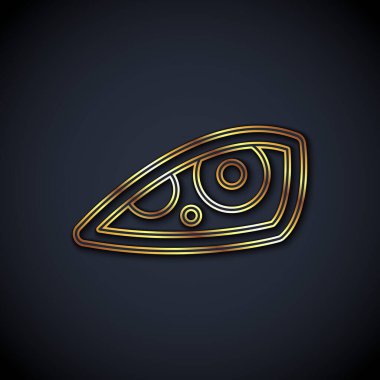 Gold line Car headlight icon isolated on black background. Vector.