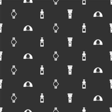 Flashlight, turist çadırı, Smartwatch ve şişe suyu sorunsuz bir şekilde ayarlayın. Vektör.