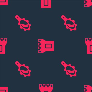 Sihirli el aynası ve kale kulesini kusursuz desene ayarlayın. Vektör.