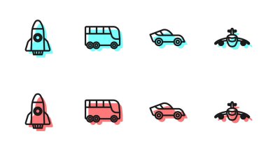 Otomobil Roket gemisi Otobüs ve Uçak simgesini ayarla. Vektör.
