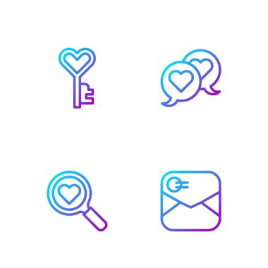 Zarfı sevgililer günü kalp arama ve aşk anahtar şekli ve kalp konuşma baloncuğuyla ayarla. Renk simgeleri. Vektör.