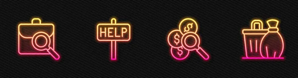 Set line Search for money Work search Ask help text and Trash can. Glowing neon icon. Vector.
