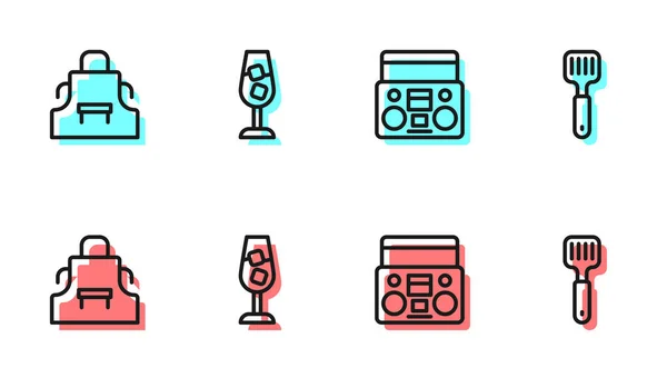 设置线家庭立体声与两个扬声器厨房围裙酒杯和Spatula图标 — 图库矢量图片
