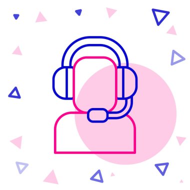 Beyaz arkaplanda izole edilmiş bir kulaklık simgesine sahip Çizgi Adam. Destek operatörü hatta. Çağrı merkezi konsepti, müşteri destek servisi. Renkli taslak konsepti. Vektör