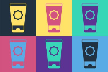 Pop Art Sunscreen kremi renkli arka planda izole edilmiş tüp simgesinde. Cilt için güneş ultraviyole ışığından koruma. Vektör.